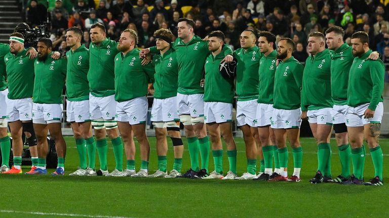 16 July 2022; The Ireland team stand for the haka before the Steinlager Series match between the New Zealand and Ireland at Sky Stadium in Wellington, New Zealand. Photo by Brendan Moran/Sportsfile