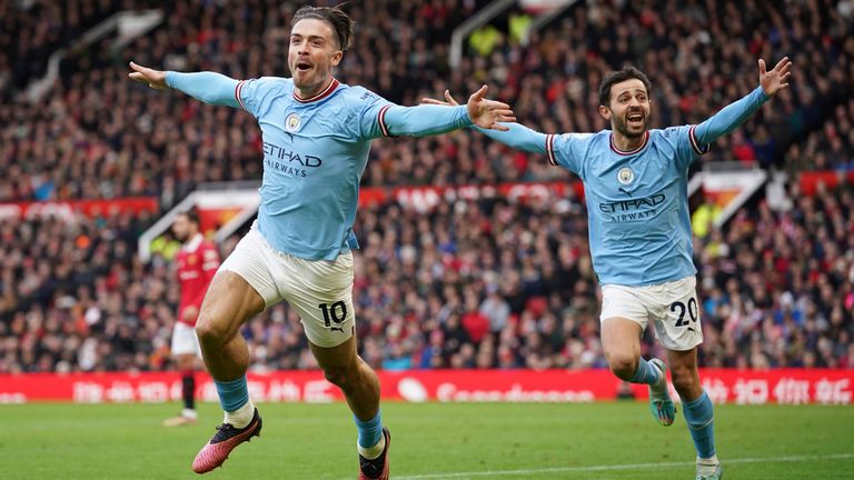 Jack Grealish celebrates after scoring for Man City