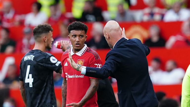 Manchester United manager Erik ten Hag gives instructions to Jadon Sancho during the Premier League match at Old Trafford, Manchester. Picture date: Sunday September 4, 2022.