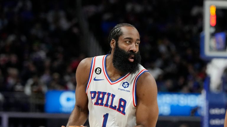 Philadelphia 76ers guard James Harden plays during the first half of an NBA basketball game, Sunday, Jan. 8, 2023, in Detroit.