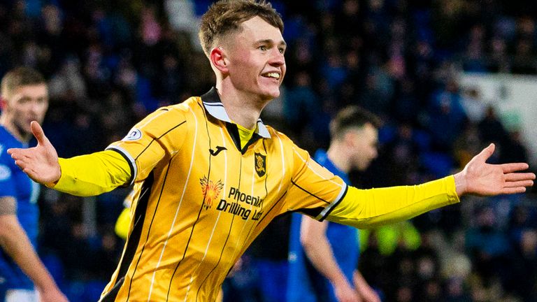 PERTH, SCOTLAND - JANUARY 14: Livingston&#39;s James Penrice celebrates after scoring to make it 2-4 during a cinch Premiership match between St Johnstone and Livingston at McDiarmid Park, on January 14, 2023, in Perth, Scotland. (Photo by Roddy Scott / SNS Group)