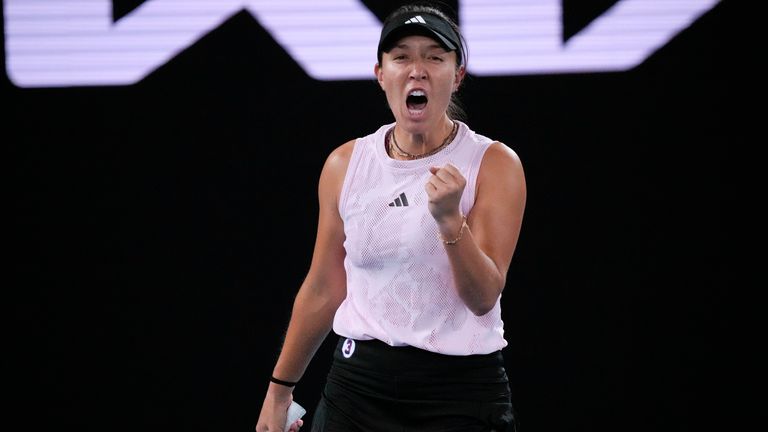 Jessica Pegula of the U.S. celebrates after defeating Aliaksandra Sasnovich of Belarus during their second round match at the Australian Open tennis championship in Melbourne, Australia, Wednesday, Jan. 18, 2023. (AP Photo/Dita Alangkara)