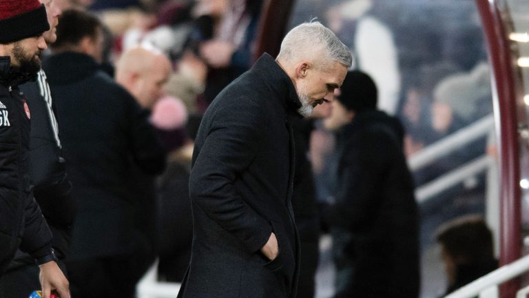 EDINBURGH, SCOTLAND - JANUARY 18: Aberdeen Manager Jim Goodwin reacts to Hearts being awarded a penalty during a cinch Premiership match between Hearts and Aberdeen at Tynecastle, on January 18, 2023, in Edinburgh, Scotland.  (Photo by Mark Scates / SNS Group)