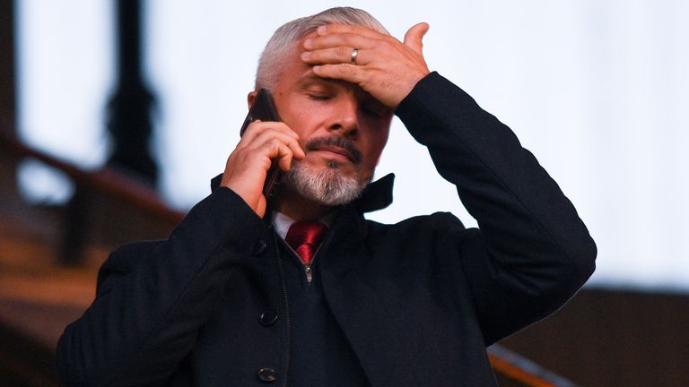 DUNDEE, SCOTLAND - OCTOBER 08: Aberdeen Manager Jim Goodwin in the stands during a cinch Premiership match between Dundee United and Aberdeen at Tannadice, on October 08, 2022, in Dundee, Scotland. (Photo by Mark Scates / SNS Group)