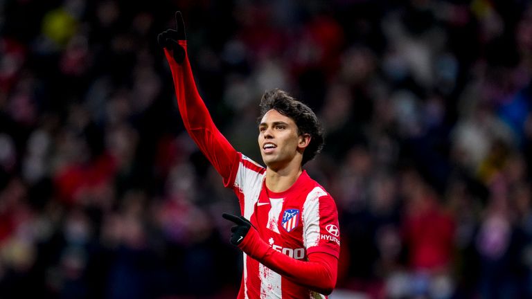 Atletico Madrid's Joao Felix, right, celebrates after scoring the opening goal during a Spanish La Liga soccer match between Atletico Madrid and Alaves
