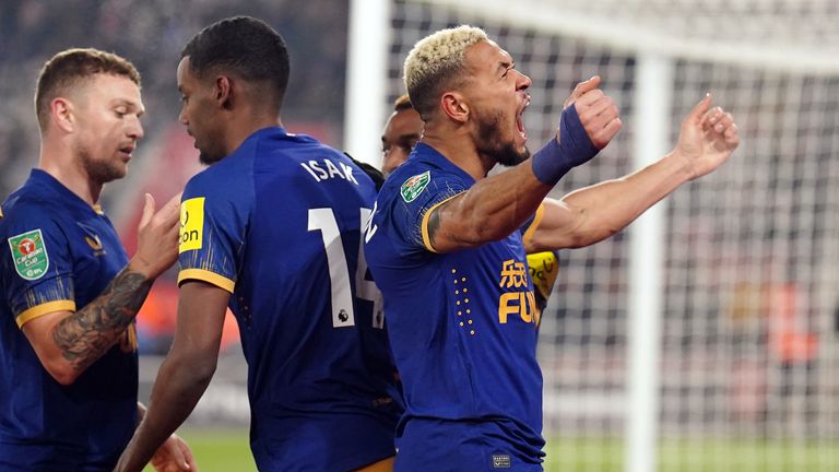 Joelinton celebrates scoring the winner at Southampton in the first leg of the sides' Carabao Cup semi-final