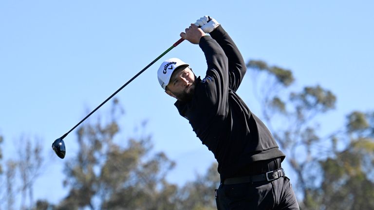 Jon Rahm, of Spain, hits his tee shot on the 13th hole of the North Course at Torrey Pines during the second round of the Farmers Insurance Open golf tournament, Thursday, Jan. 26, 2023, in San Diego. (AP Photo/Denis Poroy)