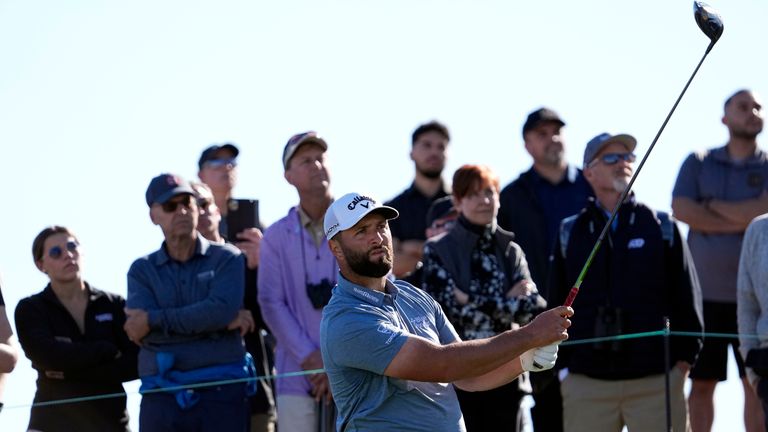 Jon Rahm hits from the third tee during the American Express golf tournament on the Pete Dye Stadium Course at PGA West Saturday, Jan. 21, 2023, in La Quinta, Calif. (AP Photo/Mark J. Terrill