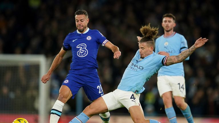 Cesar Azpilicueta during the English FA Cup soccer match between Manchester City and Chelsea at the Etihad Stadium in Manchester, England, Sunday, Jan. 8, 2023. (AP Photo/Dave Thompson)