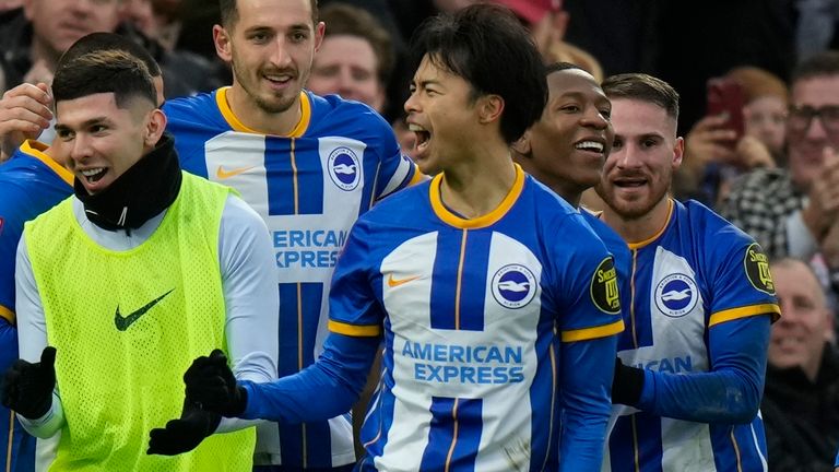 Brighton&#39;s Kaoru Mitoma celebrates after scoring the winner against Liverpool