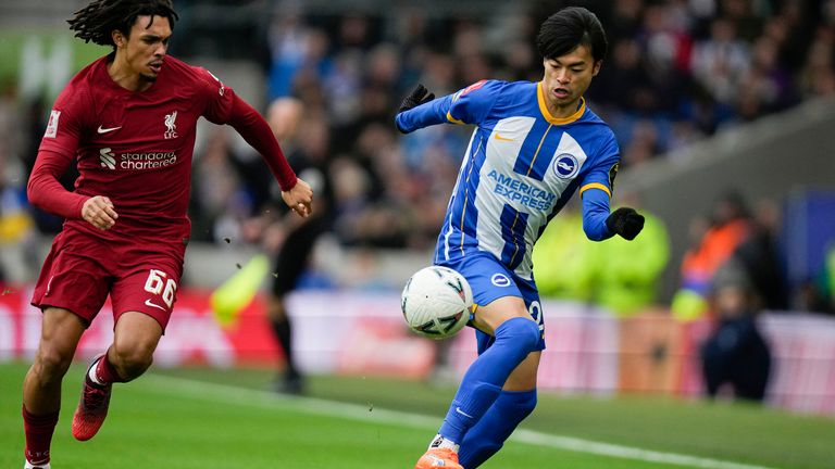 Kaoru Mitoma charges forward with Trent Alexander-Arnold in pursuit
