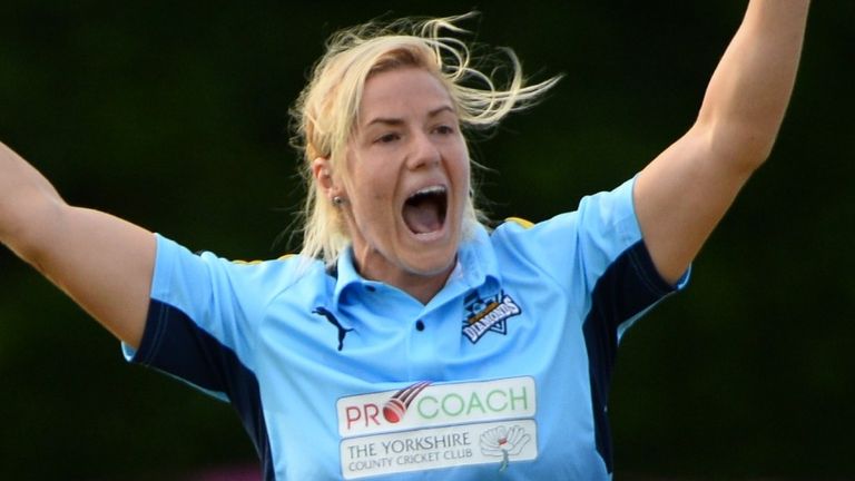 LOUGHBOROUGH, ENGLAND - AUGUST 18: Katherine Brunt of Yorkshire appeals during the Kia Super League 2017 match between Loughborough Lightning and Yorkshire Diamonds at The Haslegrave Cricket Ground on August 18, 2017 in Loughborough, England. (Photo by Nathan Stirk/Getty Images)
