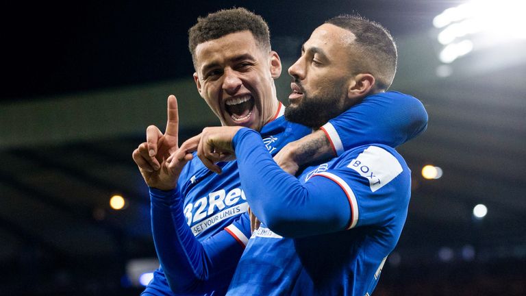 Rangers&#39; Kemar Roofe (R) celebrates making it 2-1 