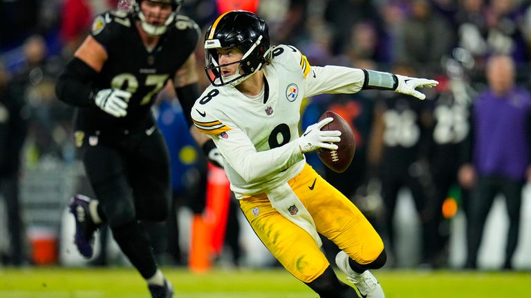 Pittsburgh Steelers quarterback Kenny Pickett (8) scrambles against the Baltimore Ravens in the second half of an NFL football game in Baltimore, Fla., Sunday, Jan. 1, 2023. (AP Photo/Julio Cortez)