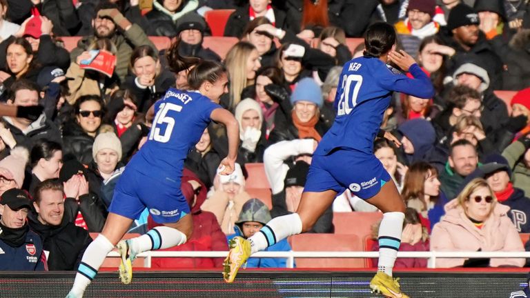 Sam Kerr celebrates equalising late on at Arsenal