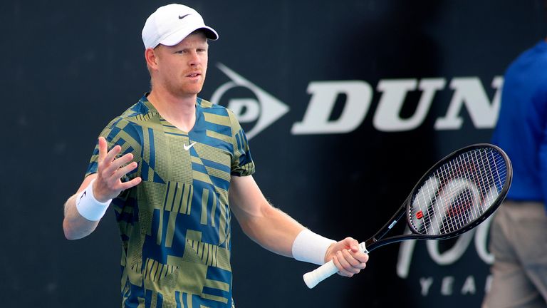 Britain&#39;s Kyle Edmund reacts to loosing a point to Italy&#39;s Jannik Sinner during their Round of 32 match at the Adelaide International Tennis tournament in Adelaide, Australia, Tuesday, Jan. 3, 2023. (AP Photo/Kelly Barnes)