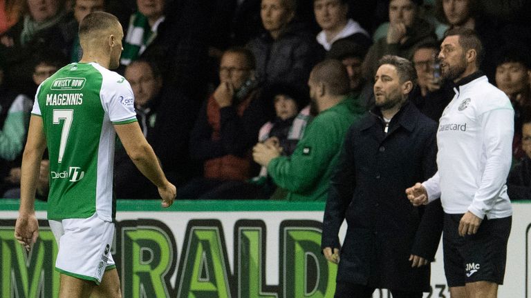 EDINBURGH, SCOTLAND - OCTOBER 21: Hibernian&#39;s Kyle Magennis leaves the field after being shown a red card by referee Kevin Clancy during a cinch Premiership match between Hibernian and St Johnstone at Easter Road, on October 21, 2022, in Edinburgh, Scotland. (Photo by Ross Parker / SNS Group)