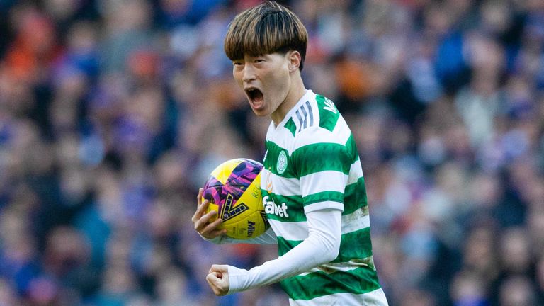 Celtic&#39;s Kyogo Furuhashi celebrates as he makes it 2-2