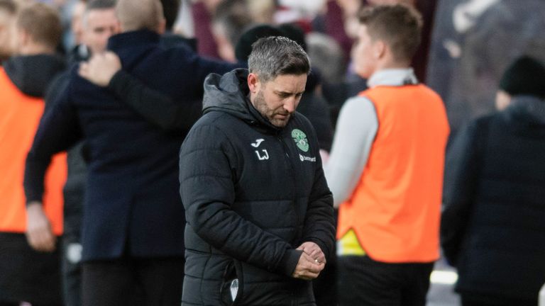 EDINBURGH, SCOTLAND - JANUARY 02: Hibernian manager Lee Johnson looks dejected after Hearts made it 2-0 in a Premiership cinch match between Heart of Midlothian and Hibernian at Tynecastle on January 02, 2023, in Edinburgh , in Scotland.  (Photo by Mark Scates/SNS Group)