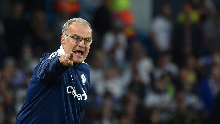 Leeds United's head coach Marcelo Bielsa during the English Premier League soccer match between Leeds United and Liverpool at Elland Road in Leeds, England, Sunday, Sept.12, 2021. (AP Photo/Rui Vieira)