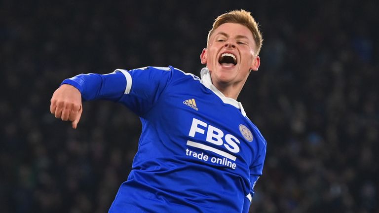Harvey Barnes celebrates after putting Leicester 2-1 up against Brighton