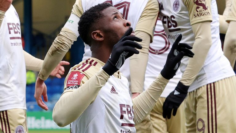 Kelechi Iheanacho celebrates after giving Leicester the lead at Gillingham