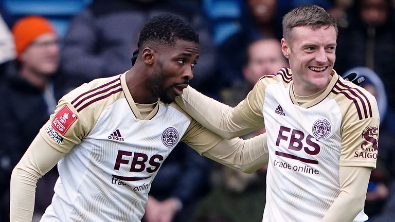 Kelechi Iheanacho is congratulated by Jamie Vardy after scoring Leicester's opening goal at Gillingham