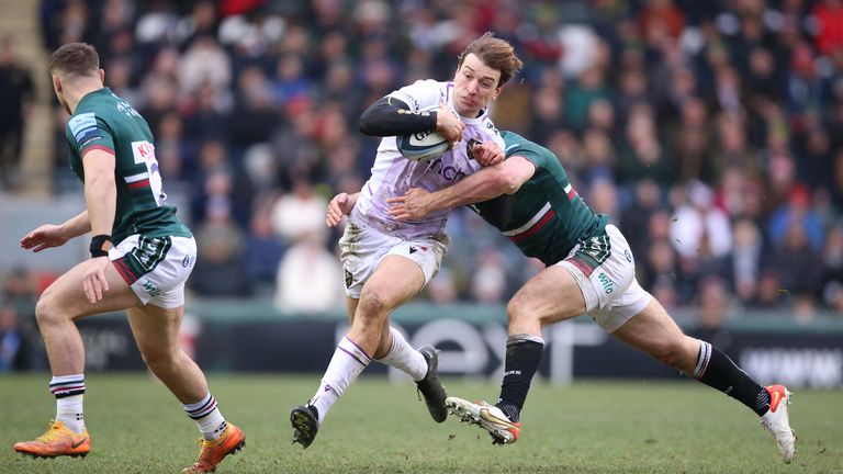 Guy Porter tackles Northampton Saints� James Ramm during the Gallagher Premiership match at the Mattioli Woods Welford Road Stadium, Leicester. Picture date: Saturday January 28, 2023.