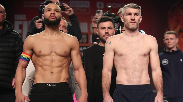 Chris Eubank Jr and Liam Smith at the weigh in (Photos: Lawrence Lustig/BOXXER)
