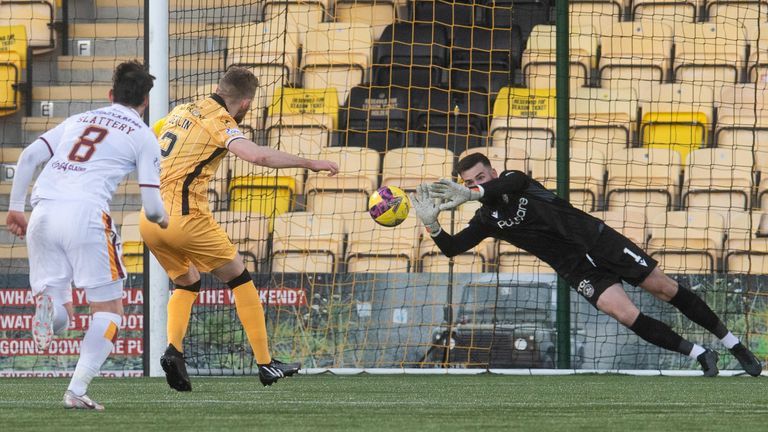 LIVINGSTON, SCOTLAND - JANUARY 02: Livingston's Nicky Devlin re-takes the penalty which is saved by Motherwell's Liam Kelly during a cinch Premiership match between Livingston and Motherwell at the Tony Macaroni Arena, on January 02, 2023, in Livingston, Scotland.  (Photo by Craig Foy / SNS Group)