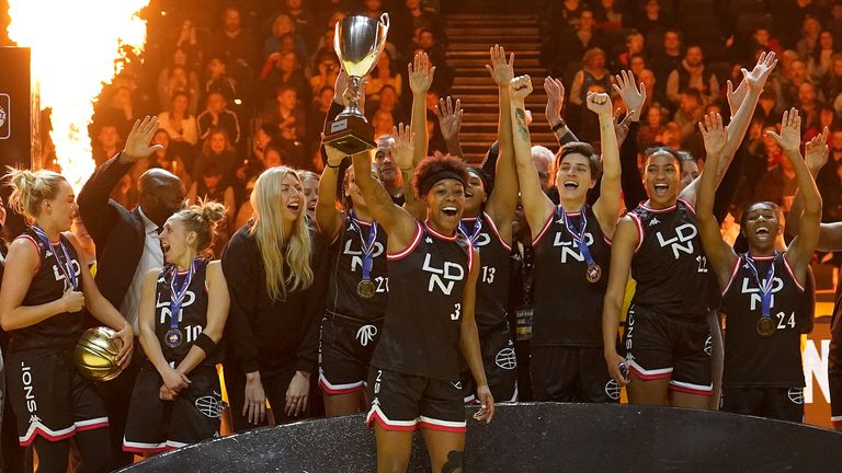 London Lions&#39; Shanice Beckford-Norton celebrates with the trophy after winning against Leicester Riders, during the Women&#39;s British Basketball Cup Final match at the Utilita Arena Birmingham. Picture date: Sunday January 29, 2023.