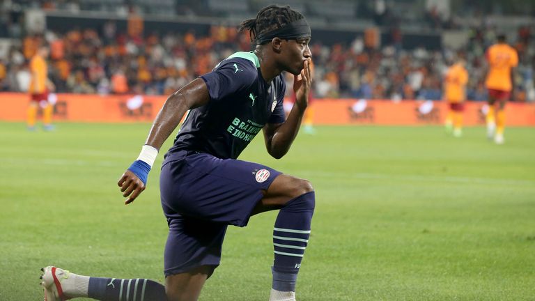 Madueke celebrates after scoring the opening goal during PSV's Champions League second qualifying round against Galatasaray