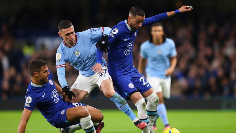 Man City's Phil Foden tangles with Chelsea's Cesar Azpilicueta and Hakim Ziyech