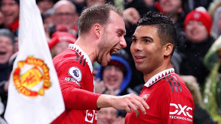 Casemiro is congratulated by team-mate Christian Eriksen after giving Manchester United a first-half lead against Bournemouth