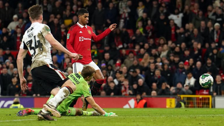 Marcus Rashford shows a cool head to score Man Utd's third goal against Charlton