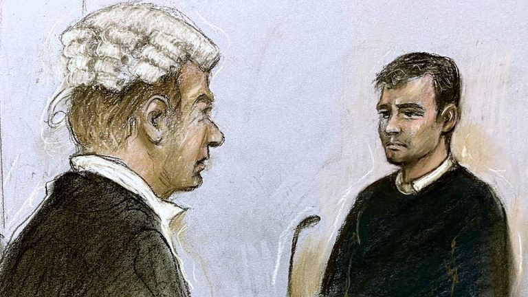 Court artist sketch by Elizabeth Cook of prosecutor Edward Renvoize questioning Olympic cyclist Mark Cavendish at Chelmsford Crown Court, during the trial of Romario Henry, 31 (left) and Oludewa Okorosobo, 28, (second left). Romario Henry has been found guilty of the robbery at the home of Olympic cyclist Mark Cavendish in November 2021. His co-defendant Oludewa Okorosobo denied two counts of robbery and was cleared by the jury. Issue date: Monday January 23, 2023.

