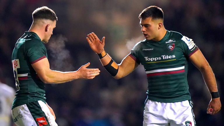 Leicester Tigers v Ospreys - Heineken Champions Cup - Mattioli Woods Welford Road
Leicester Tigers' Matt Scott and Dan Kelly high five during the Heineken Champions Cup match at Mattioli Woods Welford Road, Leicester. Picture date: Friday January 20, 2023.