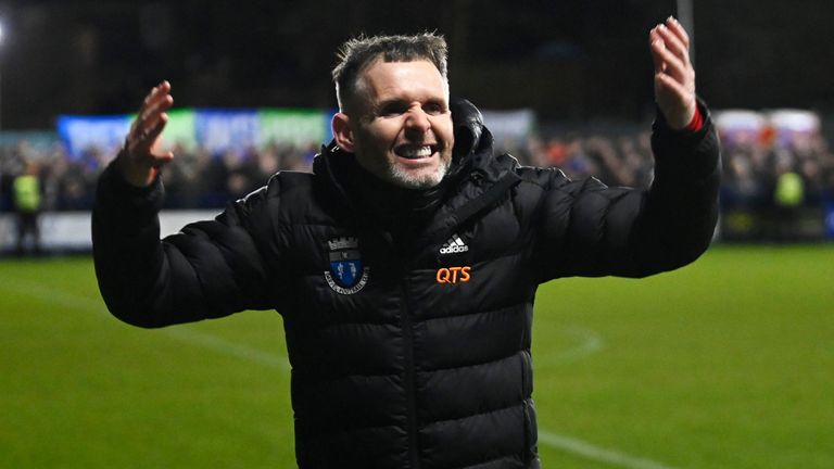 DARVEL, SCOTLAND - JANUARY 23: Darvel Manager Mick Kennedy  celebrates a famous win during a Scottish Cup Fourth Round match between Darvel and Aberdeen at Recreation Park, on January 23, 2023, in Darvel, Scotland. (Photo by Rob Casey / SNS Group)