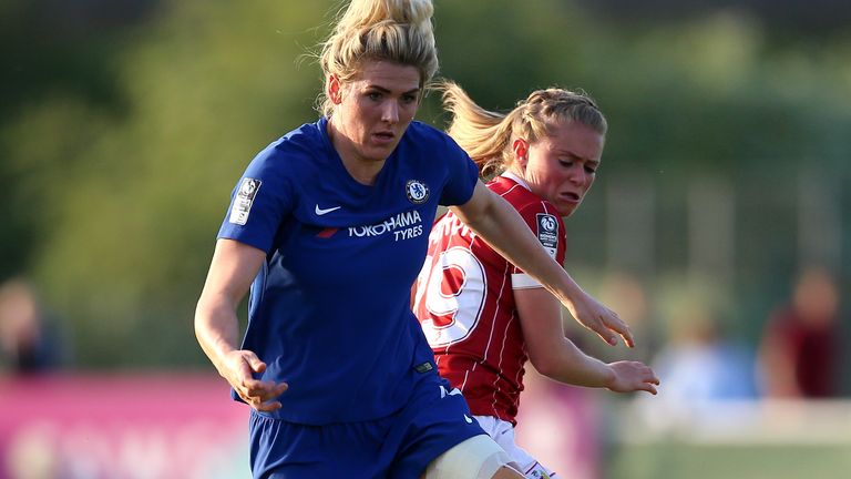 Bristol City Women&#39;s Millie Farrow (right) and Chelsea Women&#39;s Millie Bright 