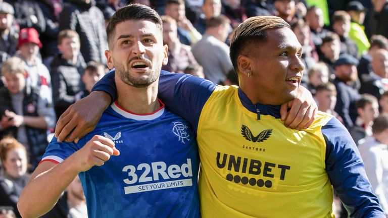 EDINBURGH, SCOTLAND - OCTOBER 01: Rangers&#39; Antonio Colak celebrates with Alfredo Morelos after making it 2-0 during a cinch Premiership match between Hearts and Rangers at Tynecastle Park, on October 01, 2022, in Edinburgh, Scotland. (Photo by Alan Harvey / SNS Group)