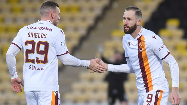 LIVINGSTON, SCOTLAND - JANUARY 02: Motherwell's Kevin Van Veen celebrates with Connor Sheilds after scoring to make it 1-1 during a cinch Premiership match between Livingston and Motherwell at the Tony Macaroni Arena, on January 02, 2023, in Livingston, Scotland.  (Photo by Craig Foy / SNS Group)