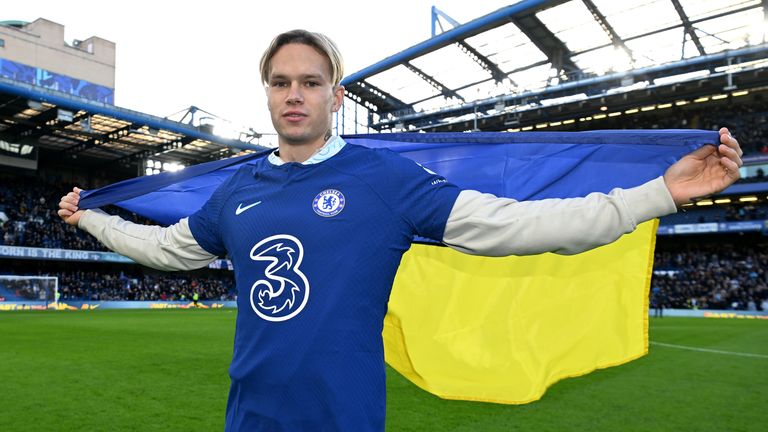 New Chelsea signing Mykhailo Mudryk is presented to fans on the pitch at half-time