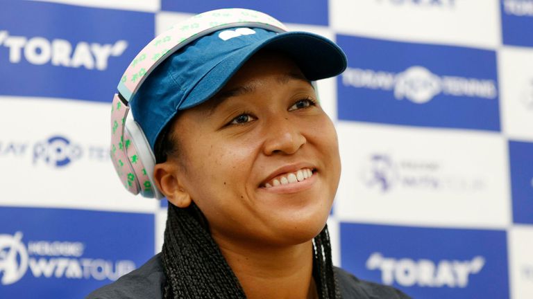 Japanese tennis player Naomi Osaka speaks during an interview at Ariake Tennis Forest Park in Tokyo on Sept. 19, 2022, as the Toray Pan Pacific Open kicks off the same day there. (Kyodo via AP Images)