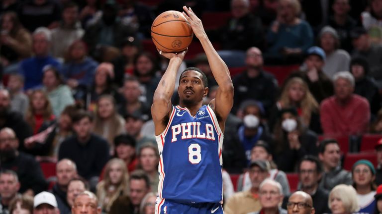 Philadelphia 76ers guard De'Anthony Melton (8) takes a three point shot during the first half of an NBA basketball game against the Portland Trail Blazers.