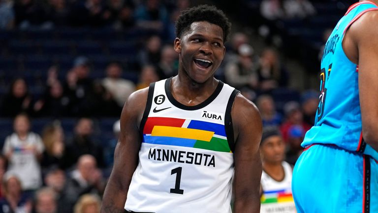 Minnesota Timberwolves guard Anthony Edwards (1) celebrates after making a basket against the Phoenix Suns during the second half of an NBA basketball game, Friday, Jan. 13, 2023, in Minneapolis. 