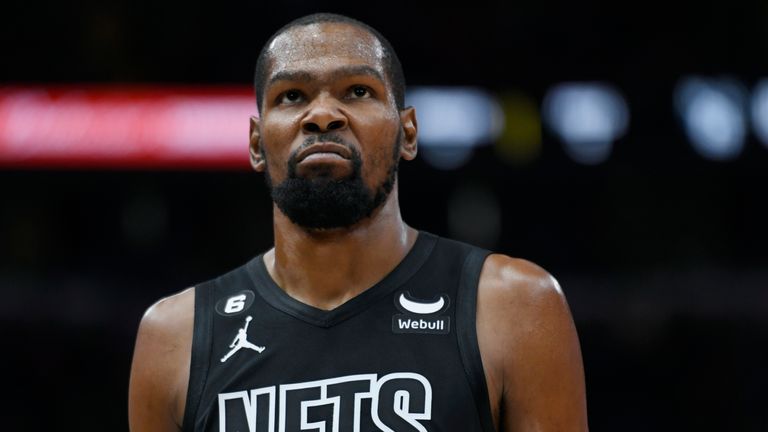 Brooklyn Nets' Kevin Durant reacts during the final seconds of the team's game against the Chicago Bulls.