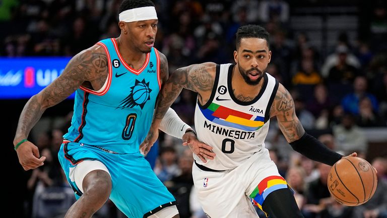 Minnesota Timberwolves guard D&#39;Angelo Russell (0) works towards the basket against Phoenix Suns forward Torrey Craig (0) during the second half of an NBA basketball game, Friday, Jan. 13, 2023, in Minneapolis.