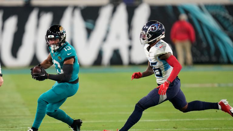 Jacksonville Jaguars wide receiver Christian Kirk pulls in a pass against Tennessee Titans cornerback Kristian Fulton in the first half of an NFL football game, Saturday, Jan. 7, 2023, in Jacksonville, Fla