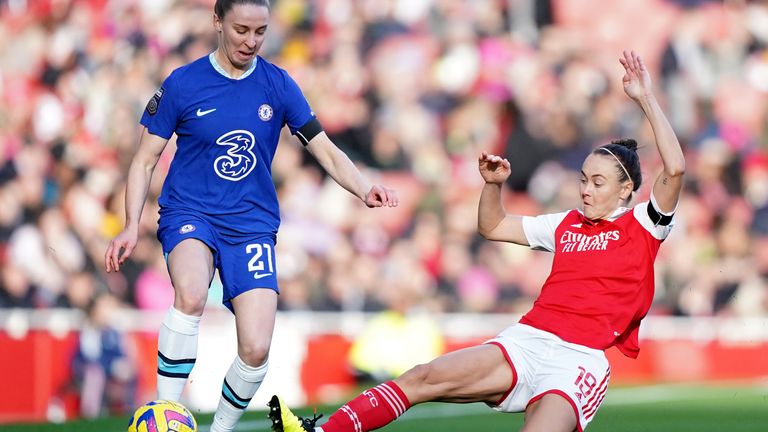 Chelsea's Niamh Charles (left) and Arsenal's Caitlin Foord battle for the ball