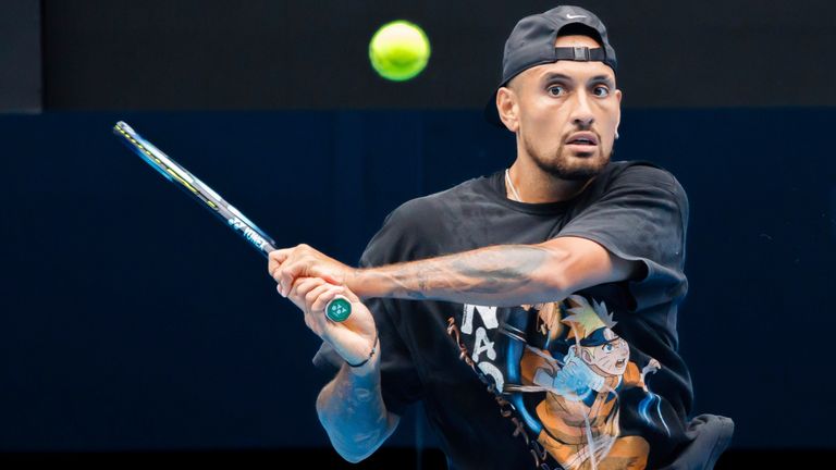 January 12, 2023: 20th seed Nick Kyrgios practising on Rod Laver Arena ahead of the 2023 Australian Open in Melbourne, Australia. Sydney Low/Cal Sport Media (Credit Image: .. Sydney Low/CSM via ZUMA Press Wire) (Cal Sport Media via AP Images)
